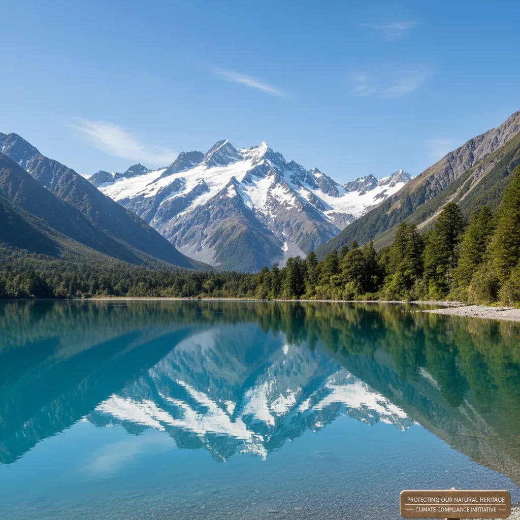 Pristine New Zealand landscape showing the Southern Alps and a glacial lake