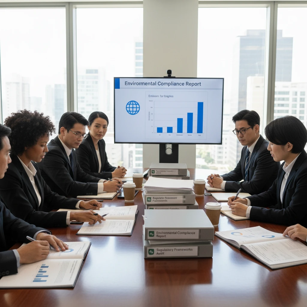 Business executives discussing carbon compliance and ETS auction results