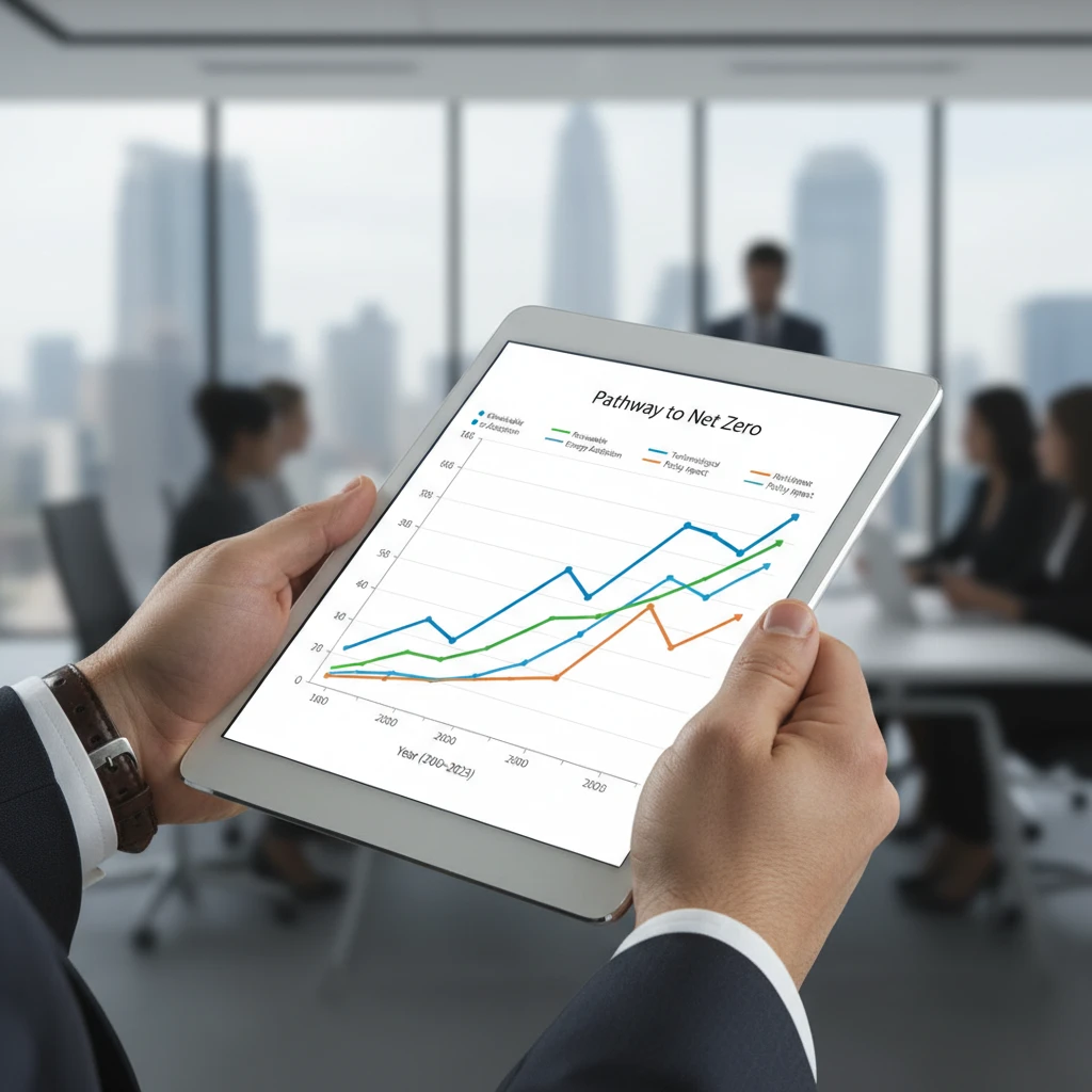 Digital tablet showing carbon emission reduction trends