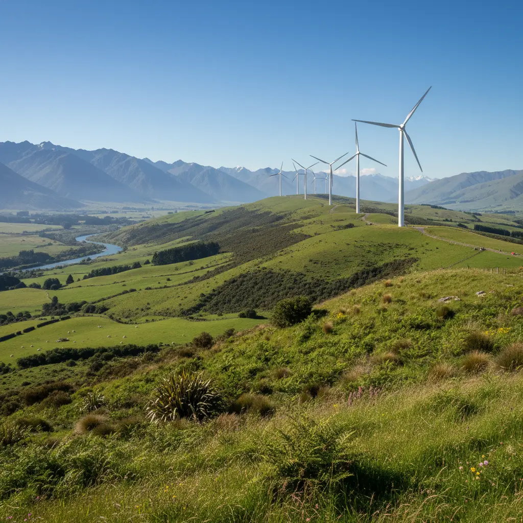 New Zealand landscape with renewable energy wind turbines
