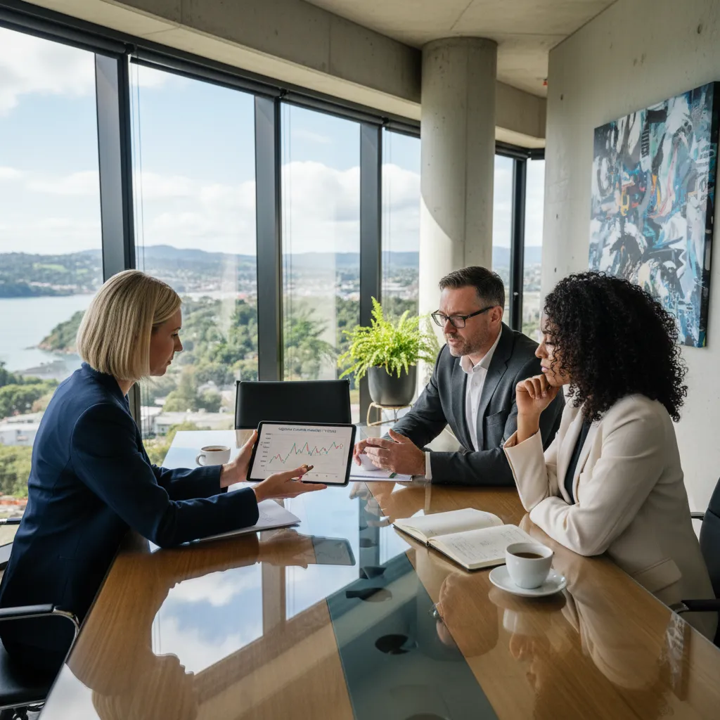 Carbon market brokers discussing NZU price trends in a professional office