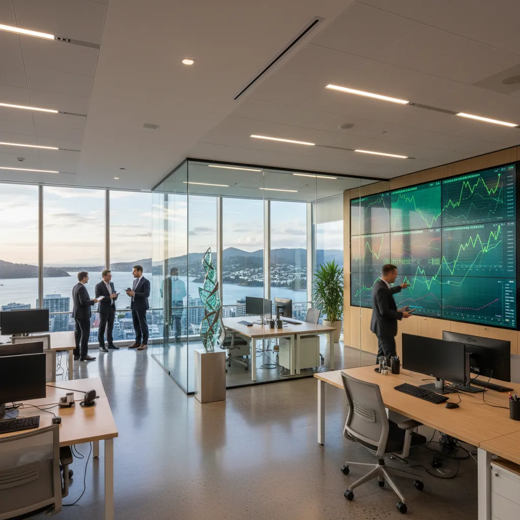 Modern financial office in New Zealand focusing on green investment data