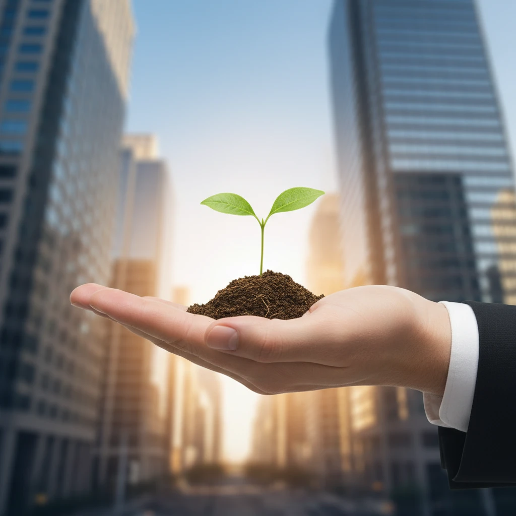 A seedling being held in front of a financial district symbolizing sustainable growth
