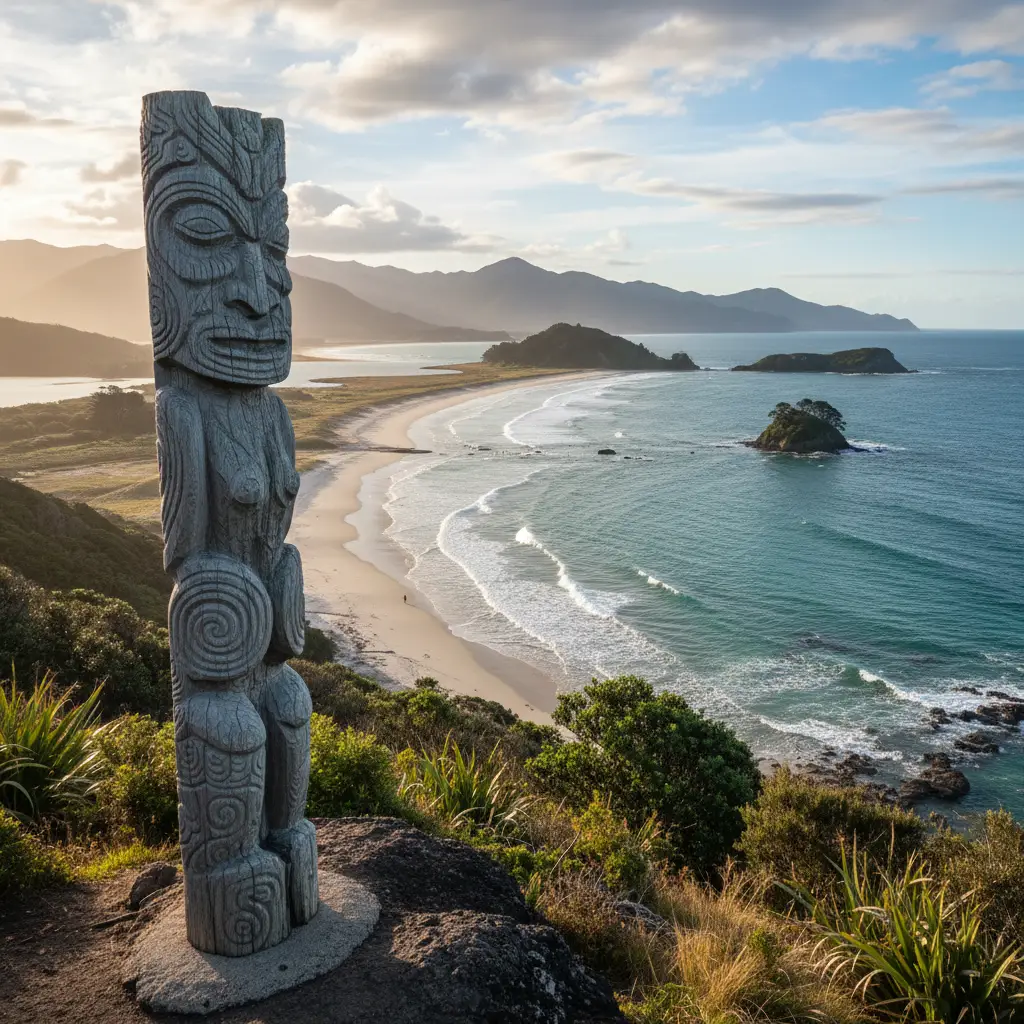 Traditional Māori carving overlooking the New Zealand coastline symbolizing kaitiakitanga