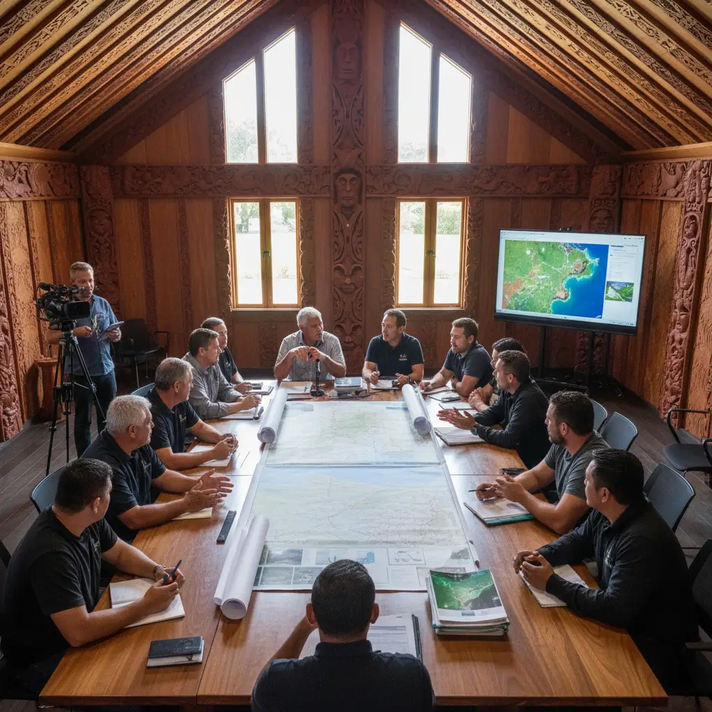 Iwi leaders and community members discussing climate policy inside a traditional Wharenui