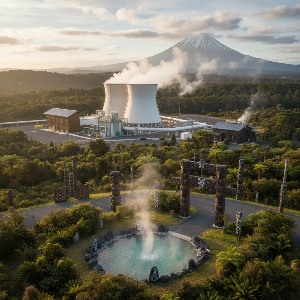 Iwi-owned geothermal energy plant integrated into the natural New Zealand landscape