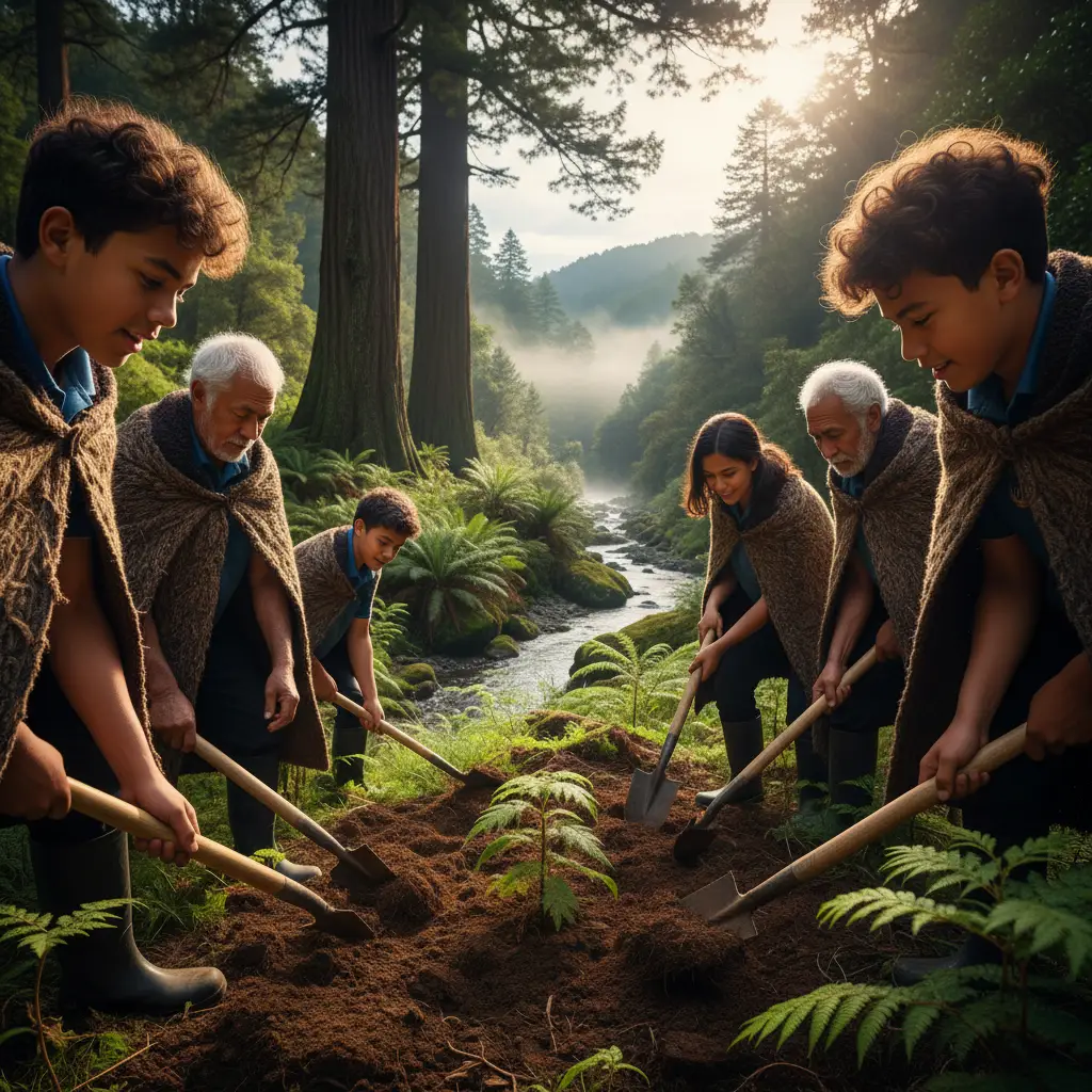 Māori community members engaging in a native tree planting project for carbon sequestration