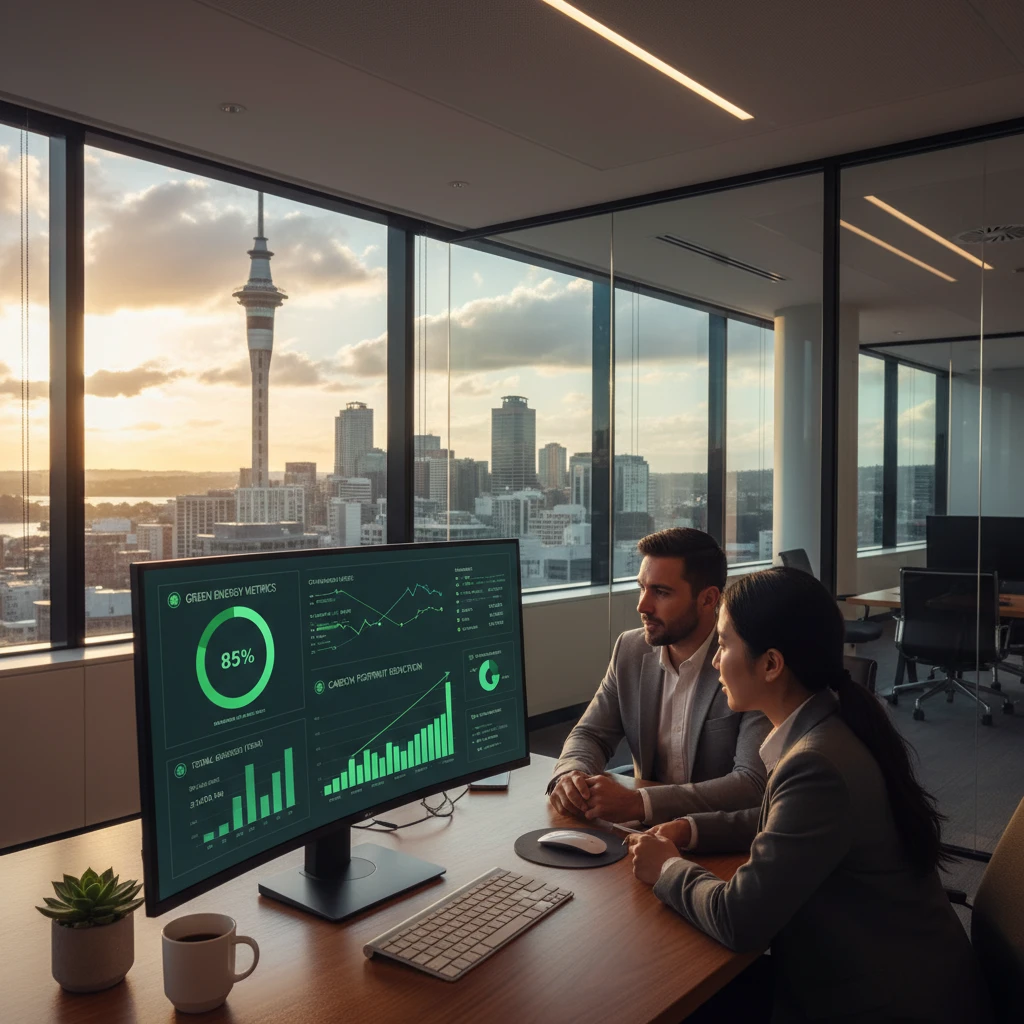 Modern Auckland office displaying carbon accounting dashboard