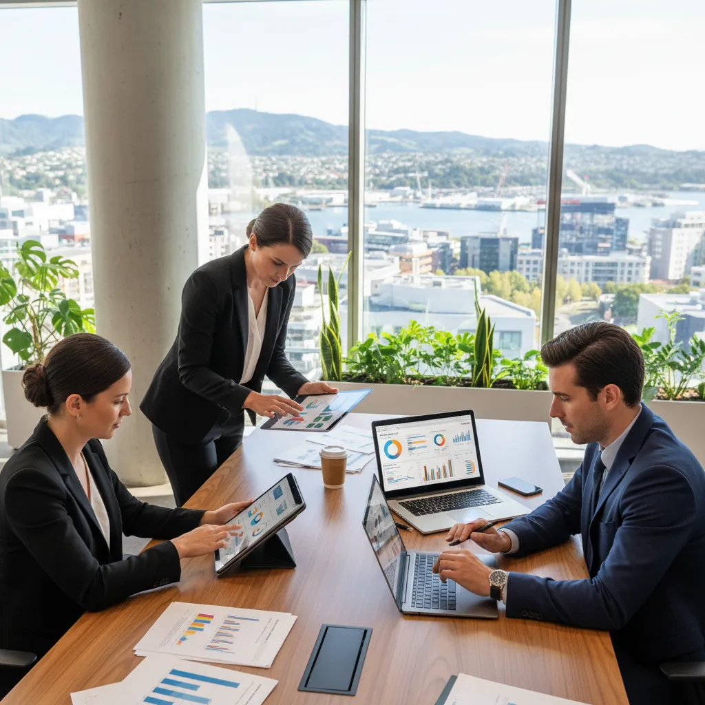 Accountants reviewing carbon accounting software reports in New Zealand