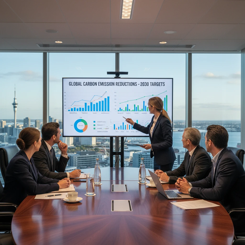 Auckland professionals reviewing carbon emission data charts