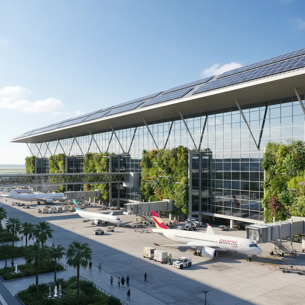 Sustainable international airport terminal representing carbon reporting