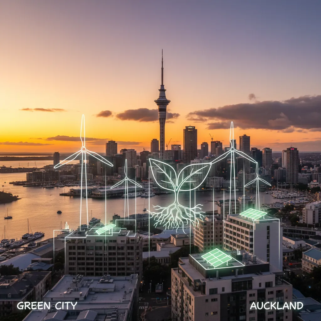 Auckland skyline with green energy and sustainability icons
