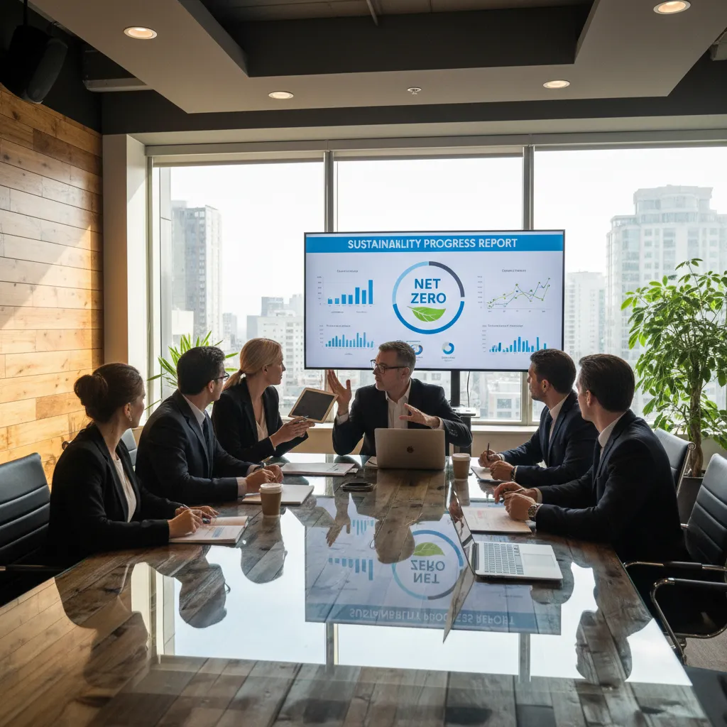 Professional team reviewing carbon reporting and sustainability strategy