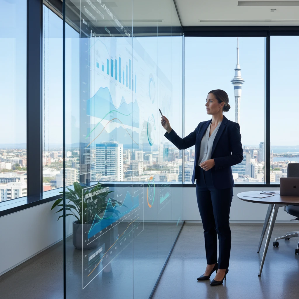 Business professional reviewing carbon audit data in New Zealand