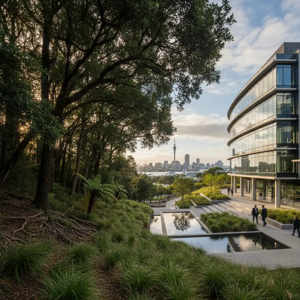 Sustainable business park in Auckland integrated with nature
