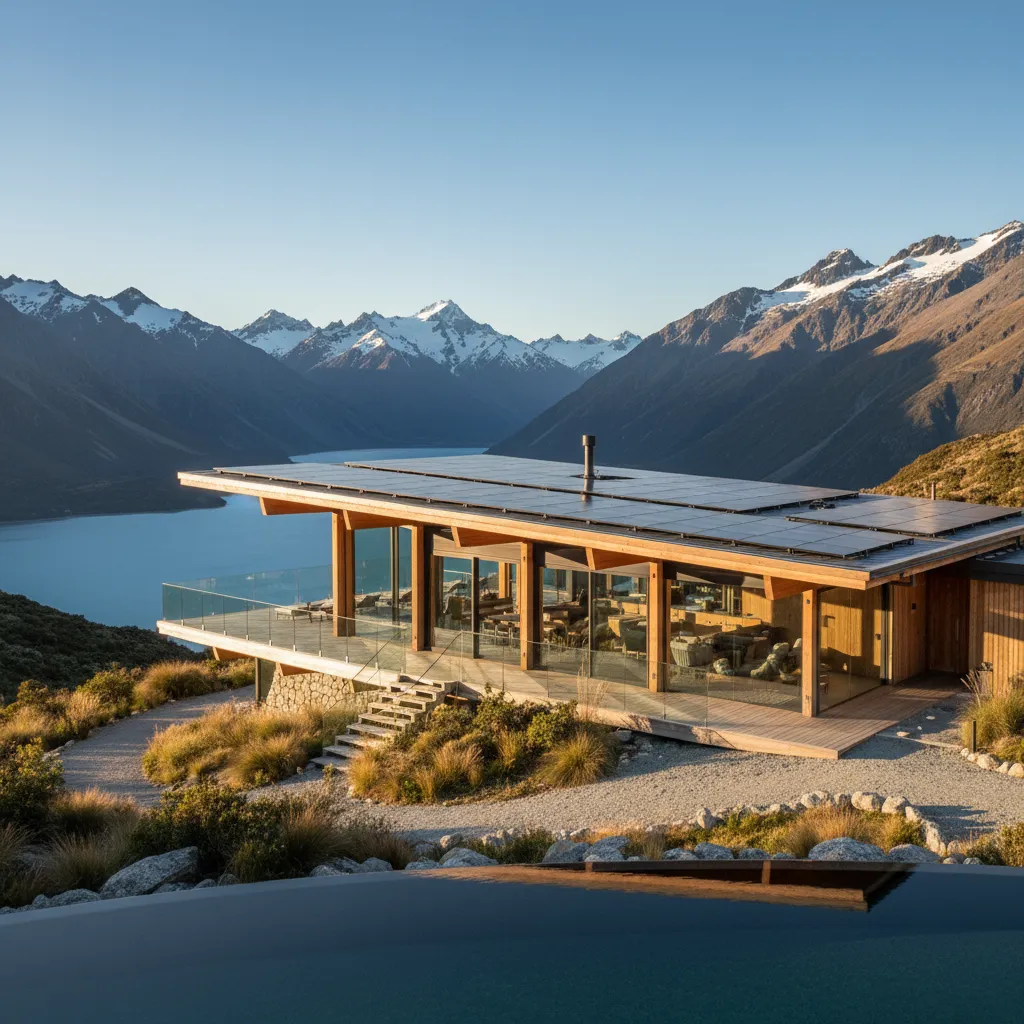 Eco-luxury lodge in New Zealand Southern Alps showing sustainable architecture