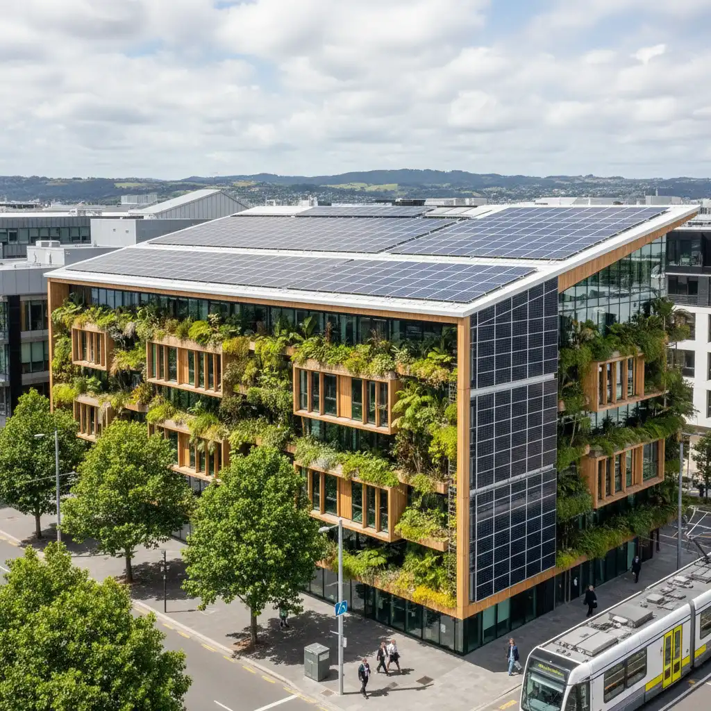 Modern sustainable business building in New Zealand representing carbon compliance