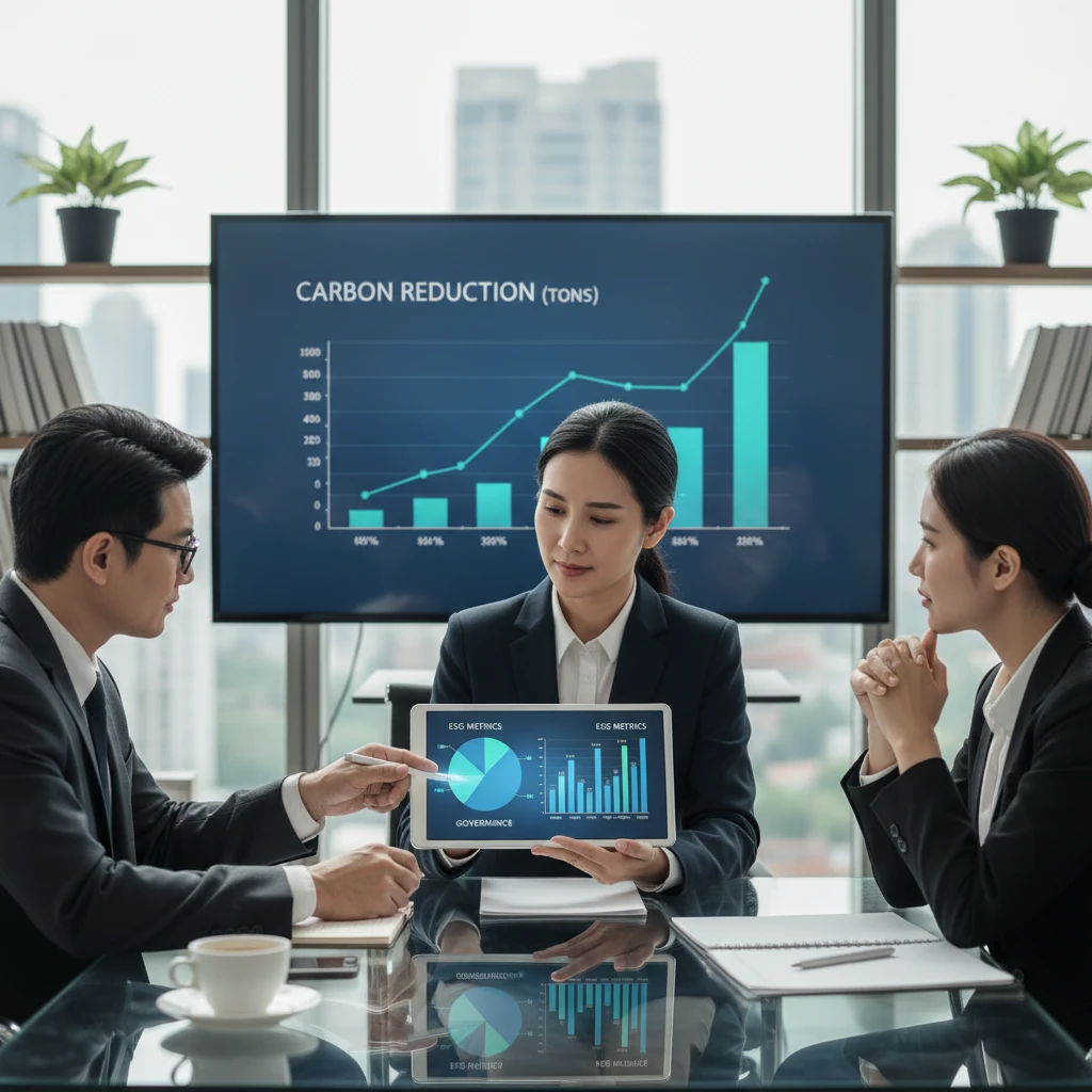 Business executives reviewing corporate sustainability reporting metrics and ESG data