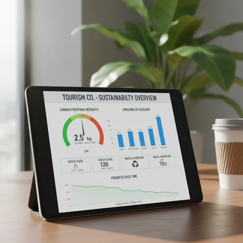 Sustainability dashboard showing carbon footprint metrics for tourism business