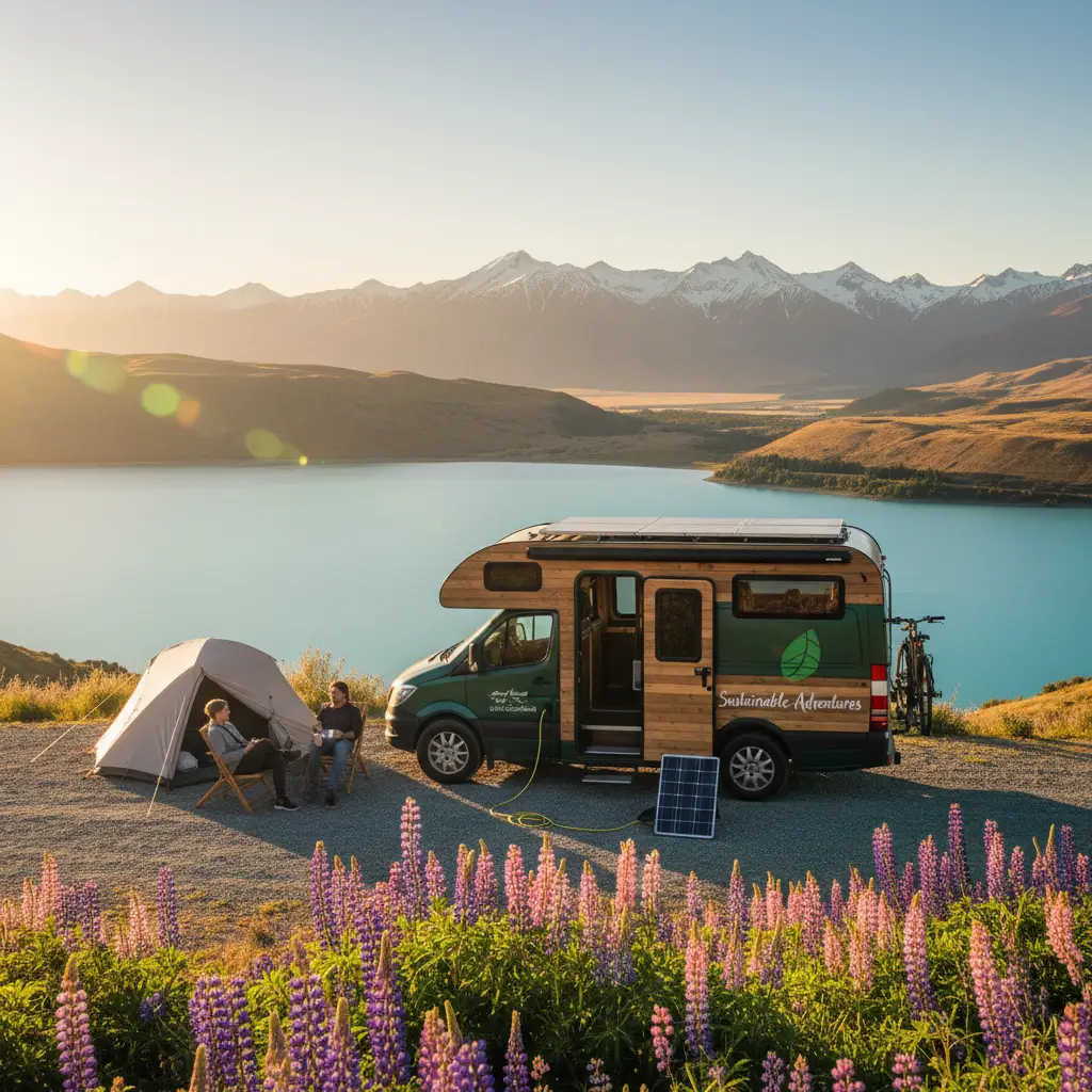 Electric campervan in New Zealand landscape representing tourism carbon footprint mitigation