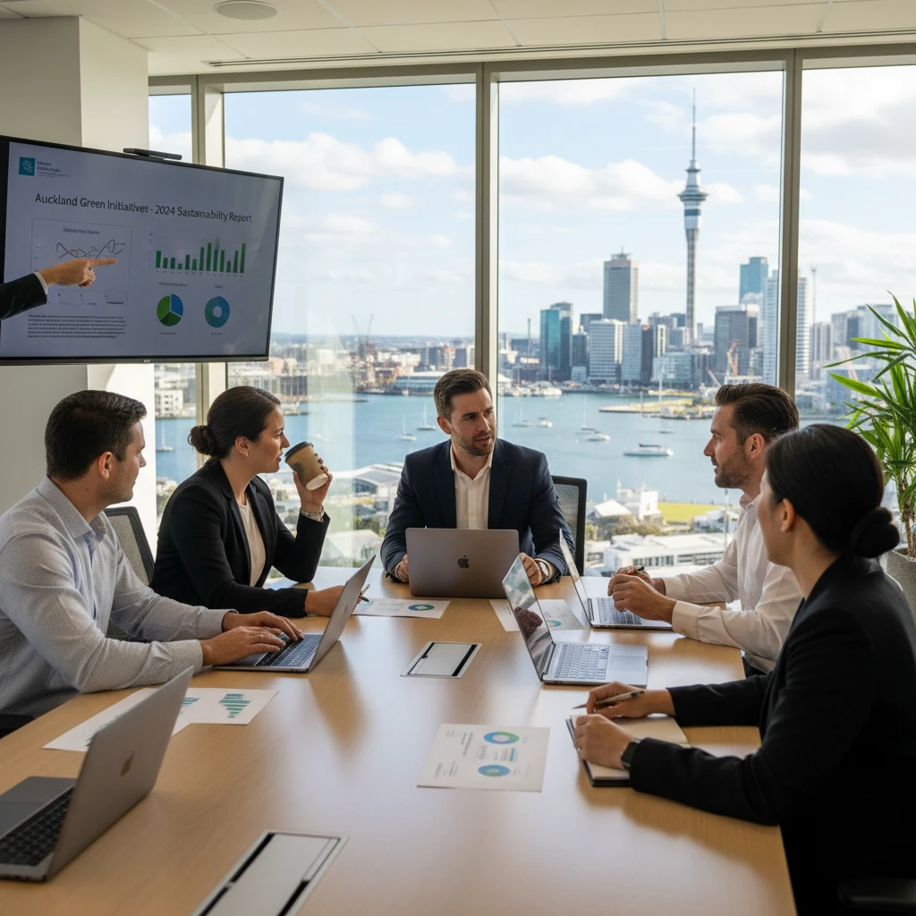 Business professionals in New Zealand discussing supply chain sustainability and carbon data