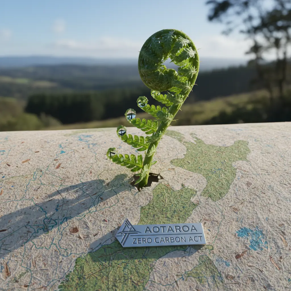 Green leaf and recycled paper symbolizing New Zealand's Zero Carbon Act and circular economy