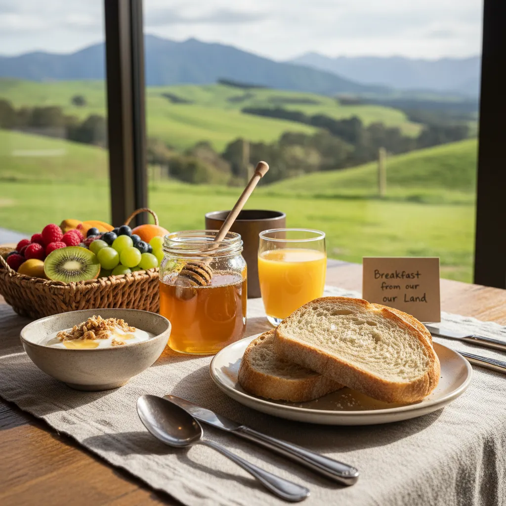 Farm-to-table breakfast at a sustainable NZ lodge
