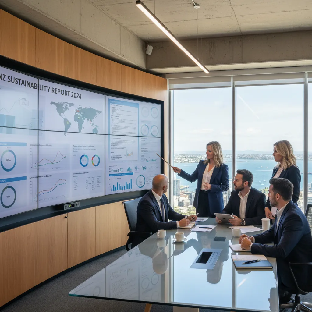 Corporate team in New Zealand analyzing supply chain carbon data