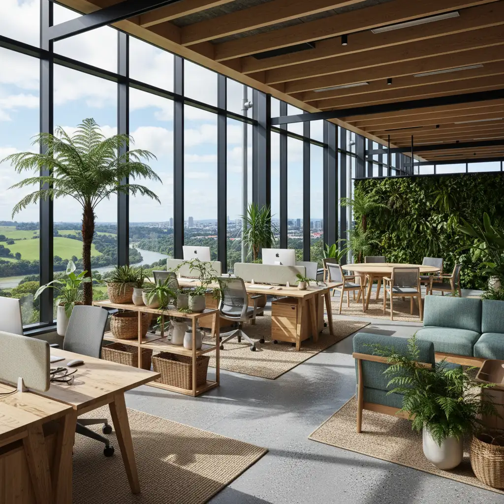 Sustainable New Zealand business office representing green commitments