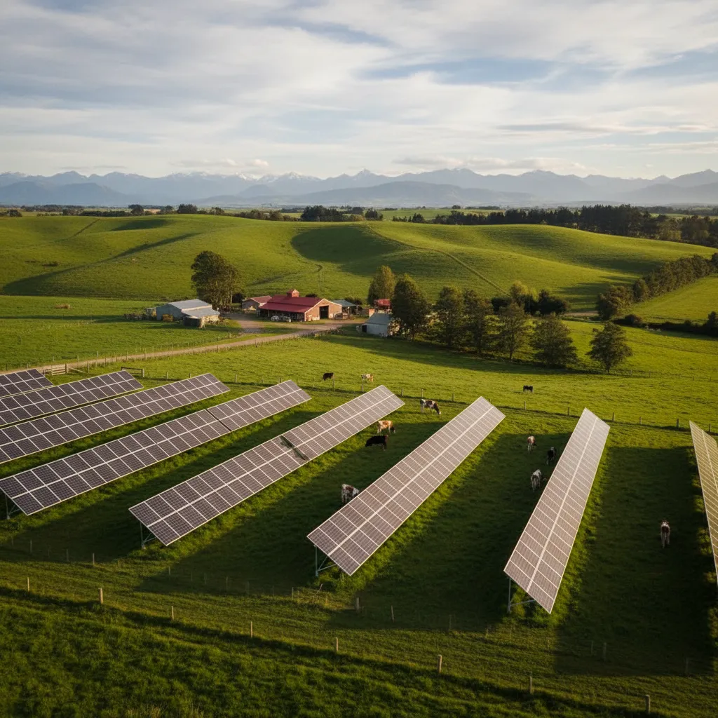 Solar panels on a New Zealand farm representing renewable energy grants