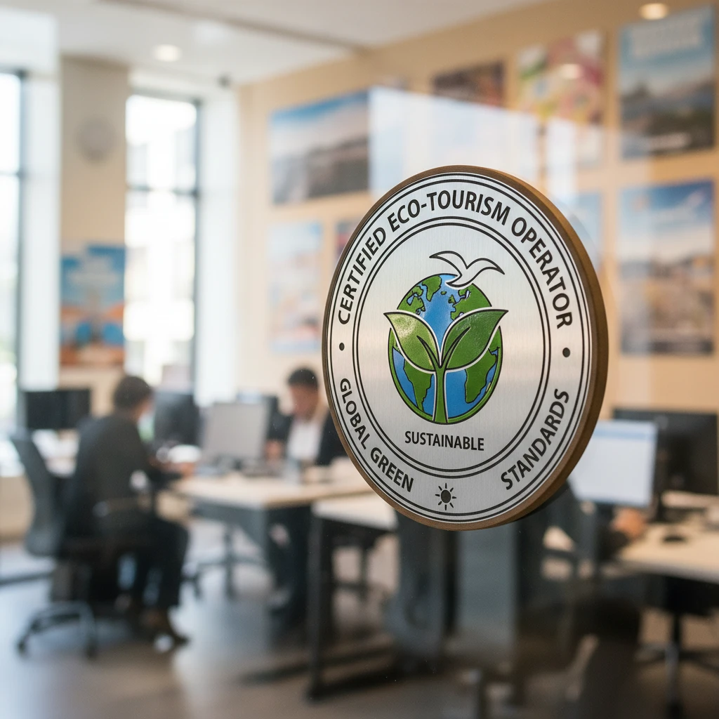 Carbon neutral certification seal on business entrance