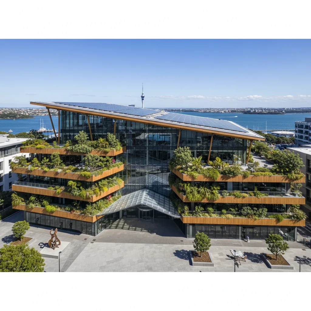 Sustainable business building in New Zealand showcasing green energy initiatives