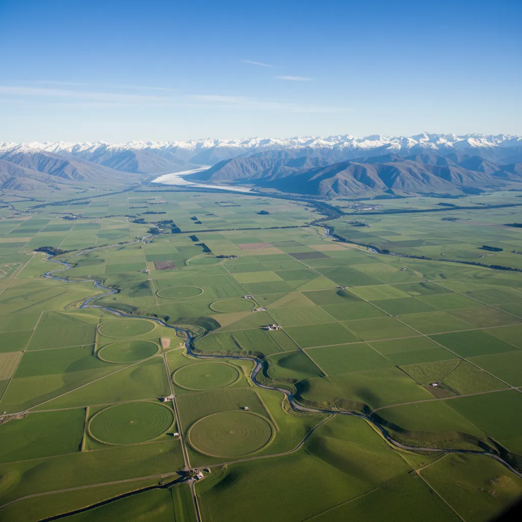 Aerial view of Canterbury farming landscape and irrigation circles
