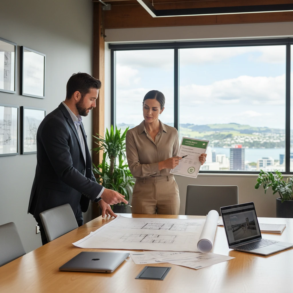 Green building consultant reviewing blueprints