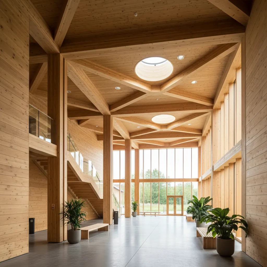 Mass timber interior showing CLT and LVL structural elements