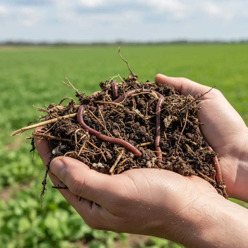 Healthy New Zealand soil showing rich organic matter and earthworms