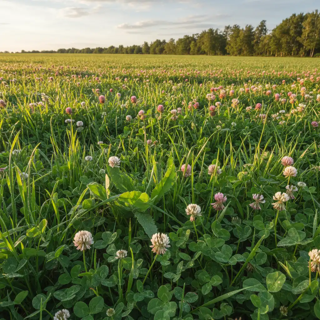 Diverse pasture species including clover for natural nitrogen fixation