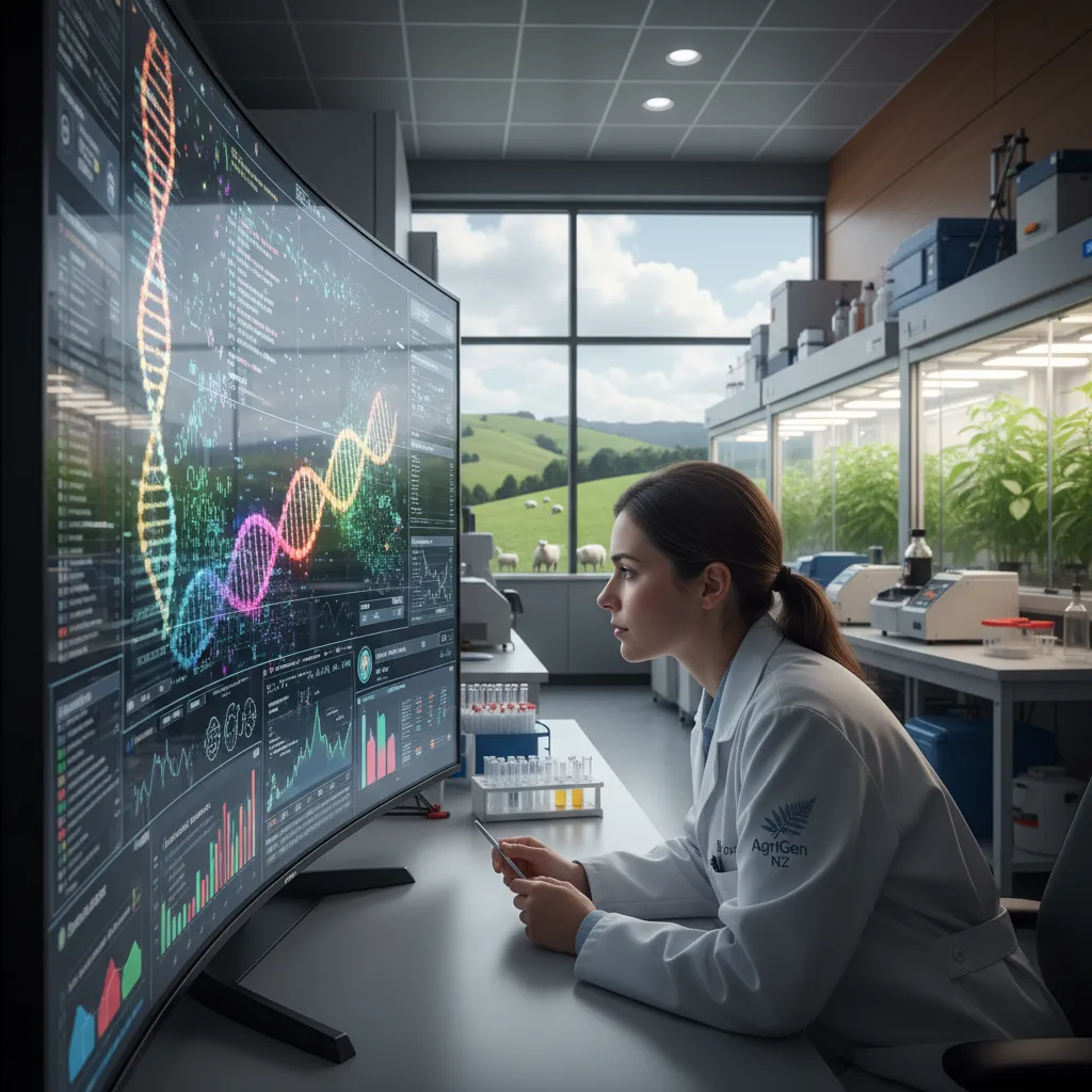 Researcher studying methane reduction data in New Zealand