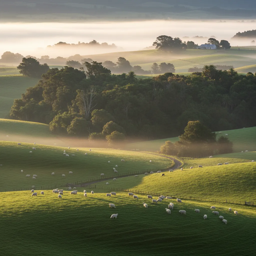 New Zealand farm landscape with native forest sequestration