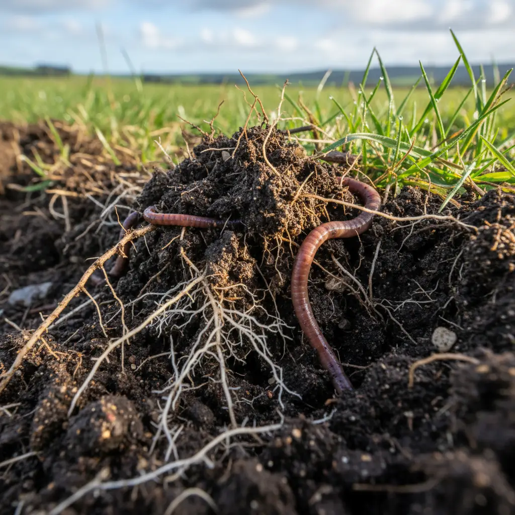 Healthy New Zealand soil with high organic matter and biological activity