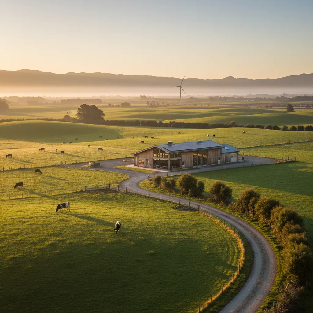 Sustainable New Zealand dairy farm landscape