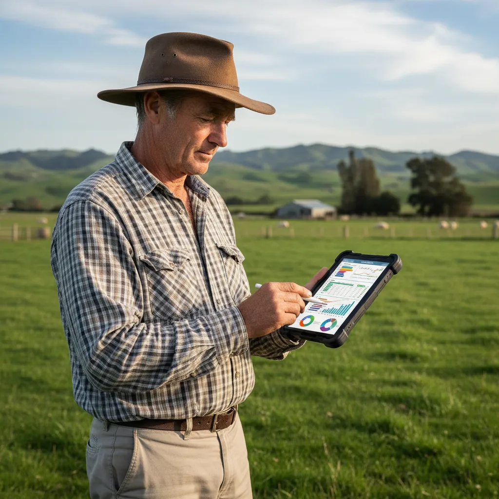New Zealand farmer monitoring nitrogen compliance and carbon footprint data