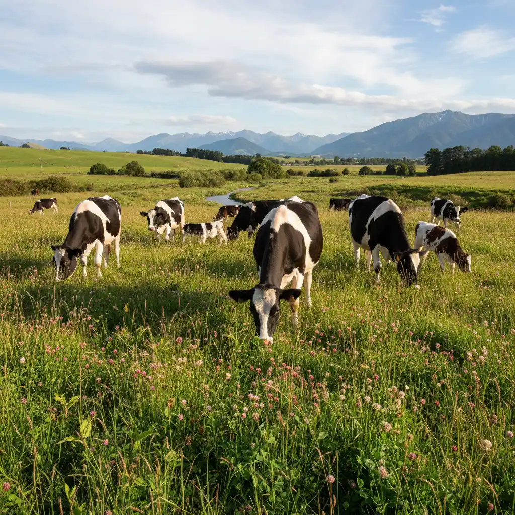 Dairy cows grazing on low-emission pasture in New Zealand