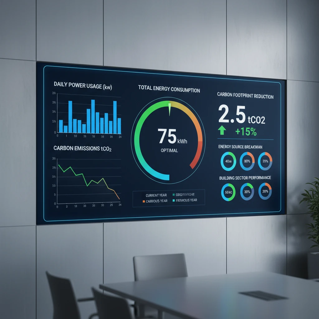 Digital building management system dashboard showing energy efficiency metrics