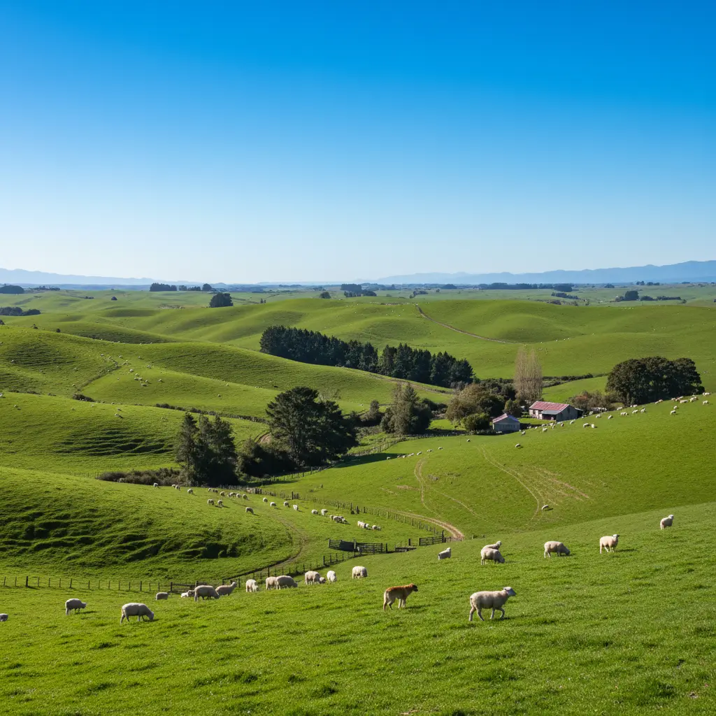 New Zealand hill country sheep farm landscape