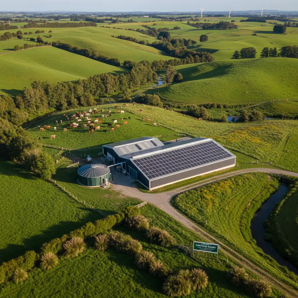 Sustainable dairy farming in NZ landscape with solar energy
