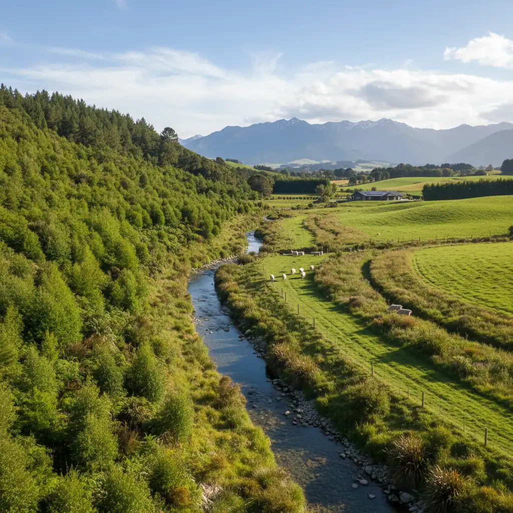 Biodiverse New Zealand farm with native forest integration