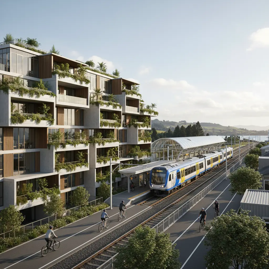 Transit-oriented development in Auckland NZ featuring density near rail