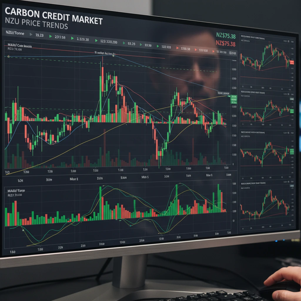 Financial chart showing the price fluctuations of New Zealand Units in the carbon market