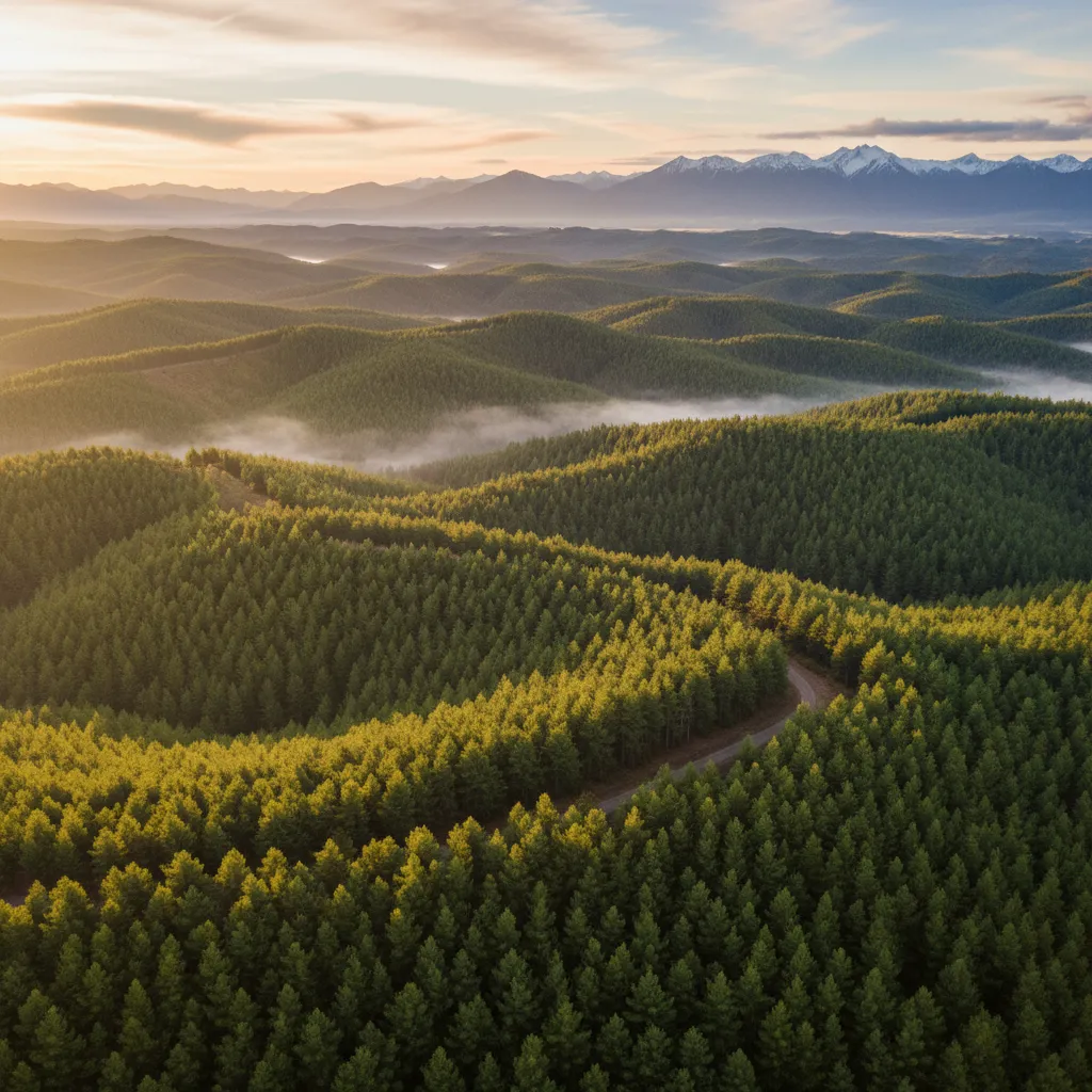 Aerial view of a New Zealand pine forest used for ETS carbon sequestration